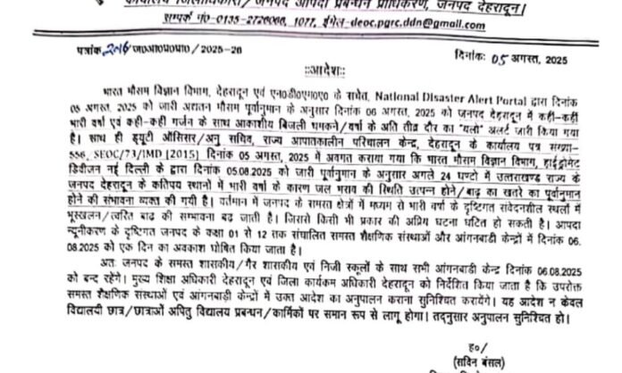 देहरादून में भी देर रात को आया आदेश, उत्तराखंड के सभी जिलों में स्कूल रहेंगे बंद
